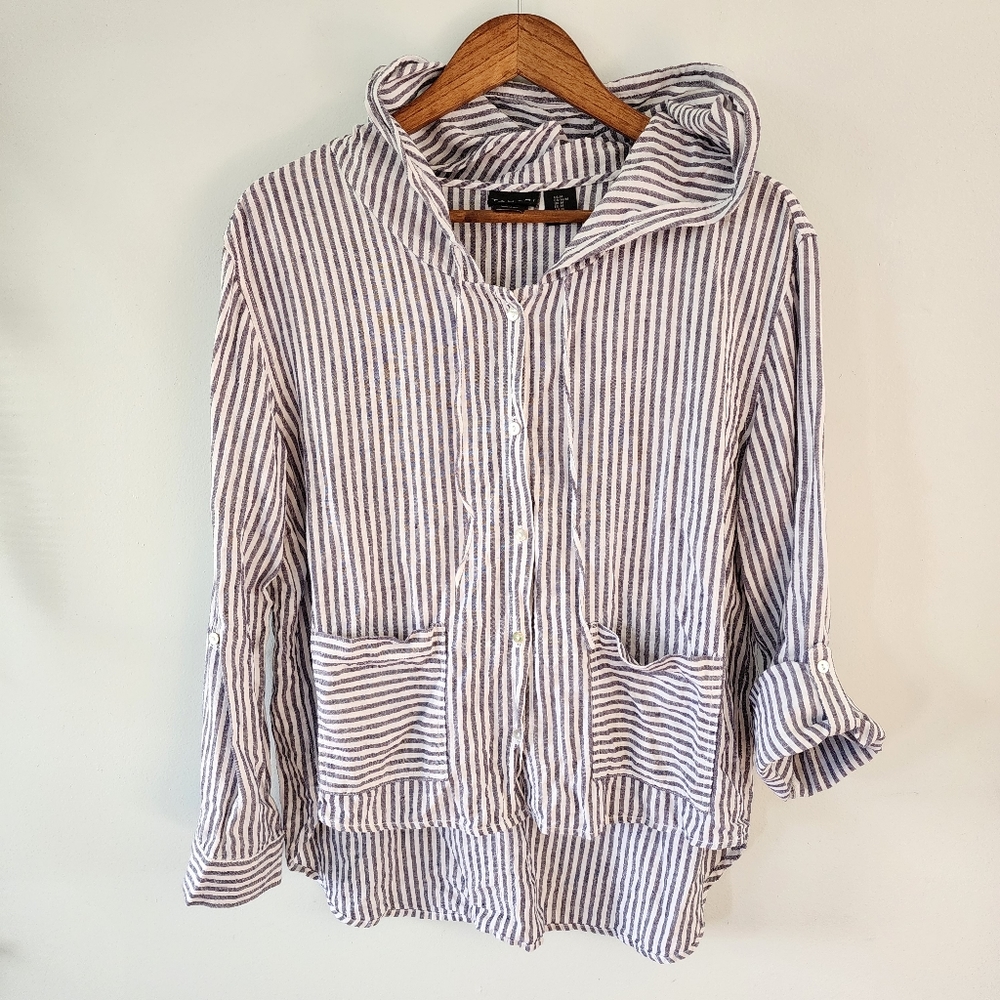 Tahari White and Navy Striped Hooded Button-Front Top
